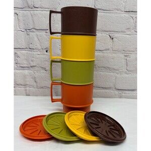 Vtg Tupperware Cups Mugs Coasters Lids Set of 4 Harvest Colors Stackable
